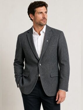 Ben Sherman Herringbone Blazer Men’s 44R Grey Sport Coat Removable Zip Insert